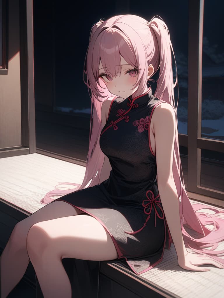  s, sick face, chinese ta clothes, large , small pattern, black, black, dark room, dark room, moonlight from windows, fantastic appearance, twin tails, pink color hair, sitting, whole body, masterpiece, best quality,8k,ultra detailed,high resolution,an extremely delicate and beautiful,hyper detail