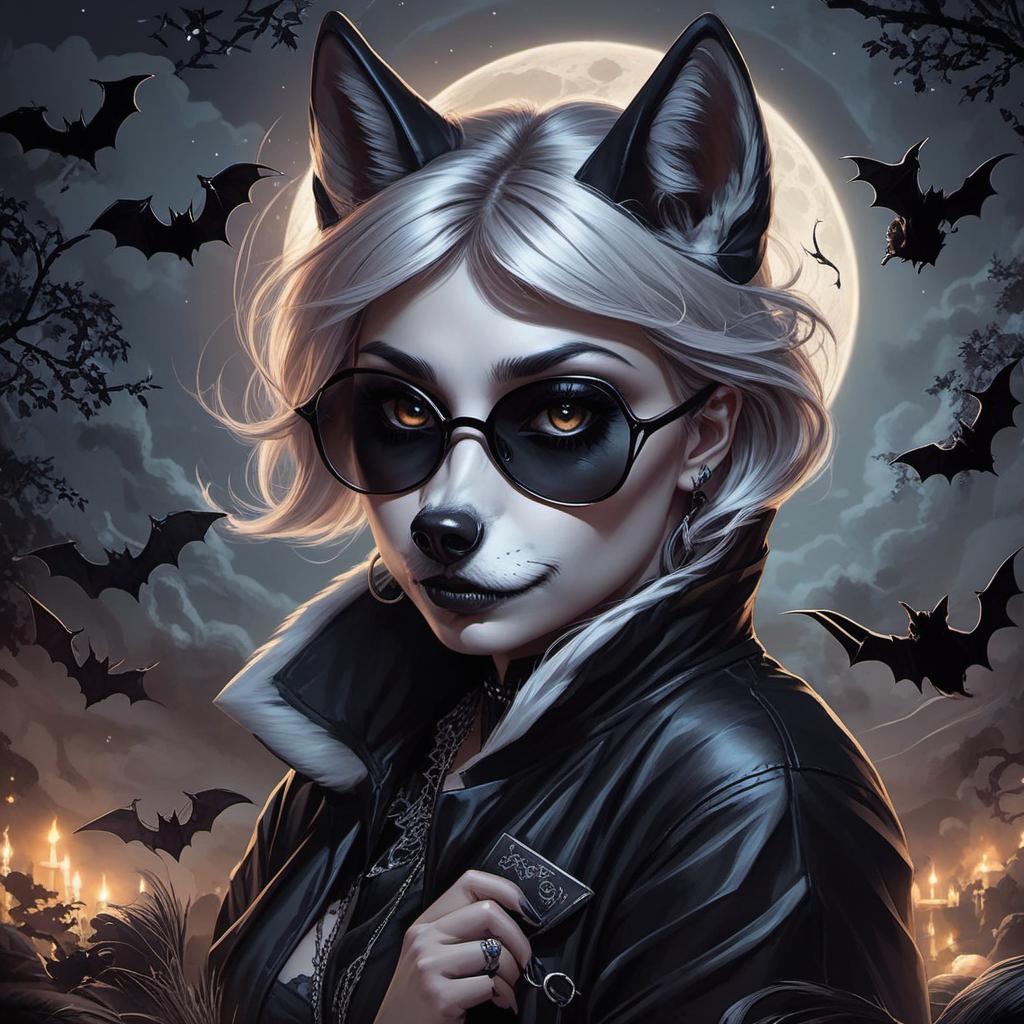  night, bats,beautiful moon, short bad ass witchy woman with blonde hair, black glasses, tattoos, gothic outfit, huge black and white wolf beside her, painting style