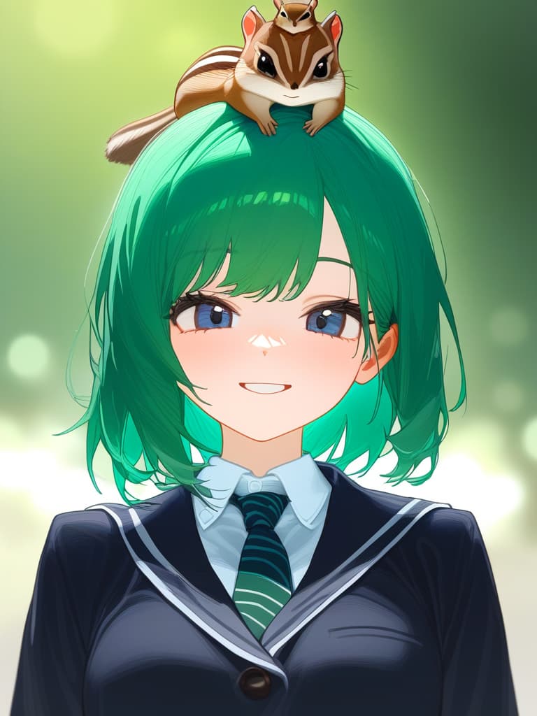  1girl,18yo,(((black high school uniform:1.5))),green hair, (((green graduated haircut hair:1.5))),(((very smile:1.3))),chipmunk,(((chipmunk on head:1.8)))