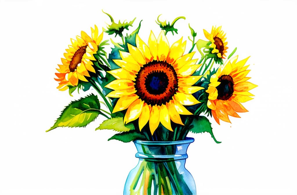  artwork close up of a bouquet of sunflowers on a plain background, clear details, sharp details, correct proportions, space for text on the right ar 3:2, watercolor techniques, featuring fluid colors, subtle gradients, transparency associated with watercolor art