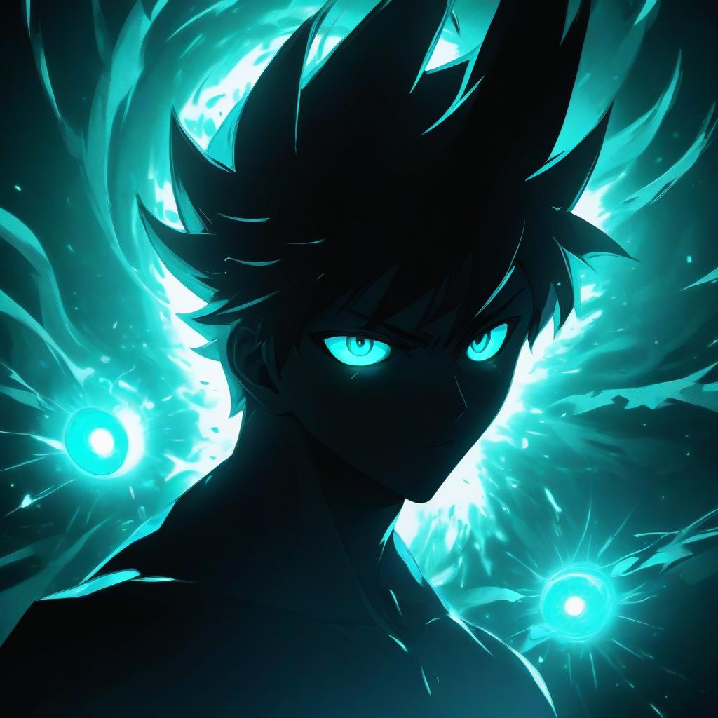  anime artwork a shadow of a man with glowing eyes, surrounded by a vibrant teal energy aura, dark anime style . anime style, key visual, vibrant, studio anime, highly detailed