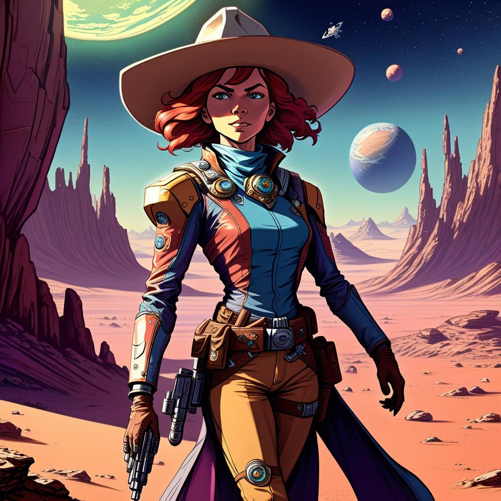  draw a full length adventure character on a distant colonized planet. we need to develop his character and specialization. she's a seasoned space cowboy. what is the main feature?