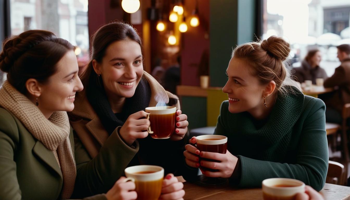  cinematic photo photographic image, autumn, friends: three 3 men aged 40 and 3 three women in a cozy cafe, they are cold, drinking hot mulled wine from cups, and talking, image detailing . 35mm photograph, film, bokeh, professional, 4k, highly detailed, perfect hands