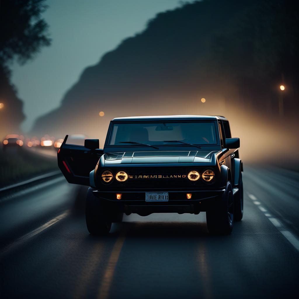  cinematic film still black, brutal lamborghini ford bronco at night on the highway . shallow depth of field, vignette, highly detailed, high budget, bokeh, cinemascope, moody, epic, gorgeous, film grain, grainy