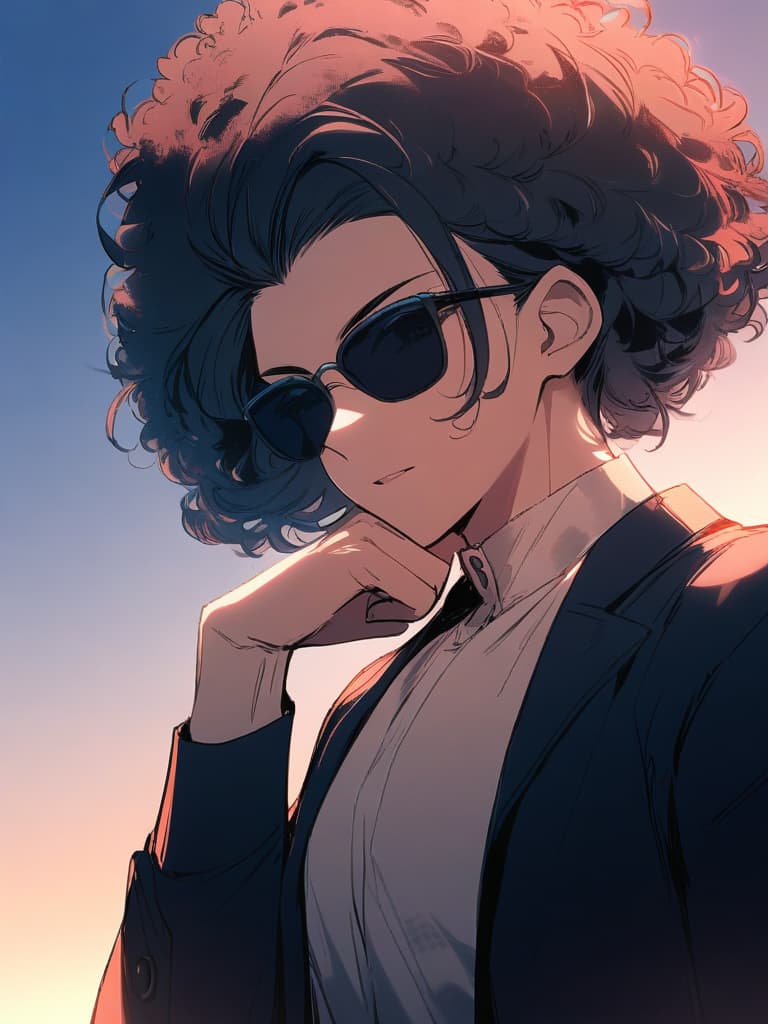  masterpiece,(((one male:1.7))),handsome,delicate black hair color,(((afro perm hairstyle:1.2))),(((black sunglasses))),larynxblue long sleeved shirt,,high quality,16k