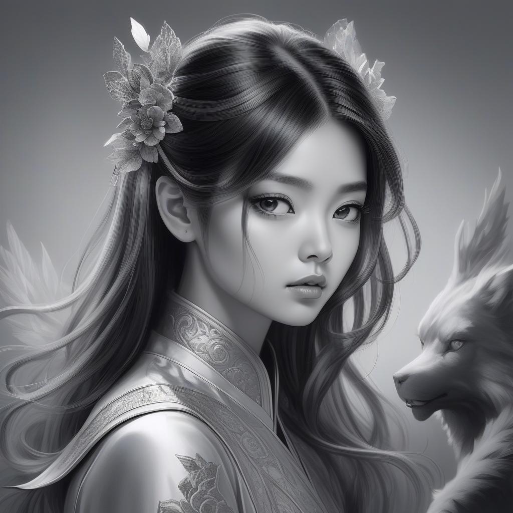  a talented asian artist proficient in creating exquisite portraits using digital art techniques, showcases a unique style known as digital art wonders. with elements of romantic realism, the artwork features a captivating blend of dark silver and light gray shades. the artist employs airbrush art techniques to create bold and visually striking manga inspired characters.