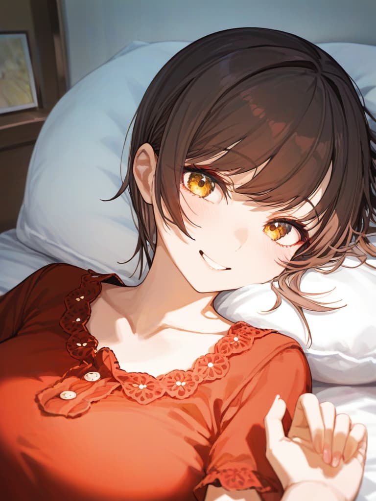  sleep in brown hair girl, smile, red t shirt, denim shorts, bed,, masterpiece, best quality,8k,ultra detailed,high resolution,an extremely delicate and beautiful,hyper detail