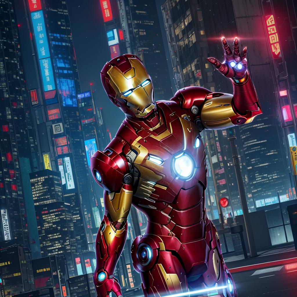  masterpiece, best quality, masterpiece, 8k resolution, realistic, highly detailed, Iron Man close-up. He stands on a street lined with tall buildings in a cyberpunk style city at night. The city's night lights are bright, and the surrounding buildings and streets are full of cyberpunk elements such as neon lights, high-tech equipment and futuristic architectural design.