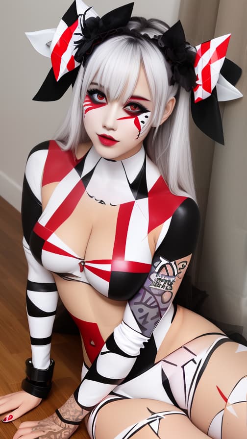  Harlequin check pattern body paint, harlequin check pattern face paint, white body paint, succubus, full body image 女性