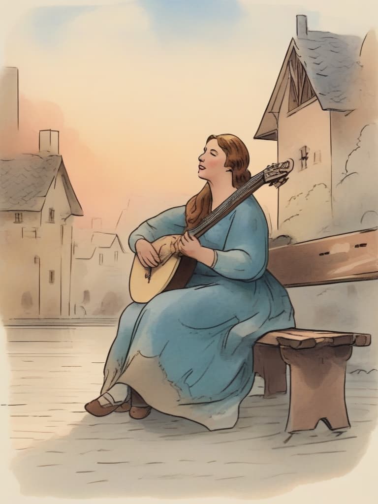  mature woman,long hair,bards,dress,fantasy,town,bright atmosphere,sit on a bench,lively,holding the lute,singing,eyes closed,calm expression,spectators all around,evening