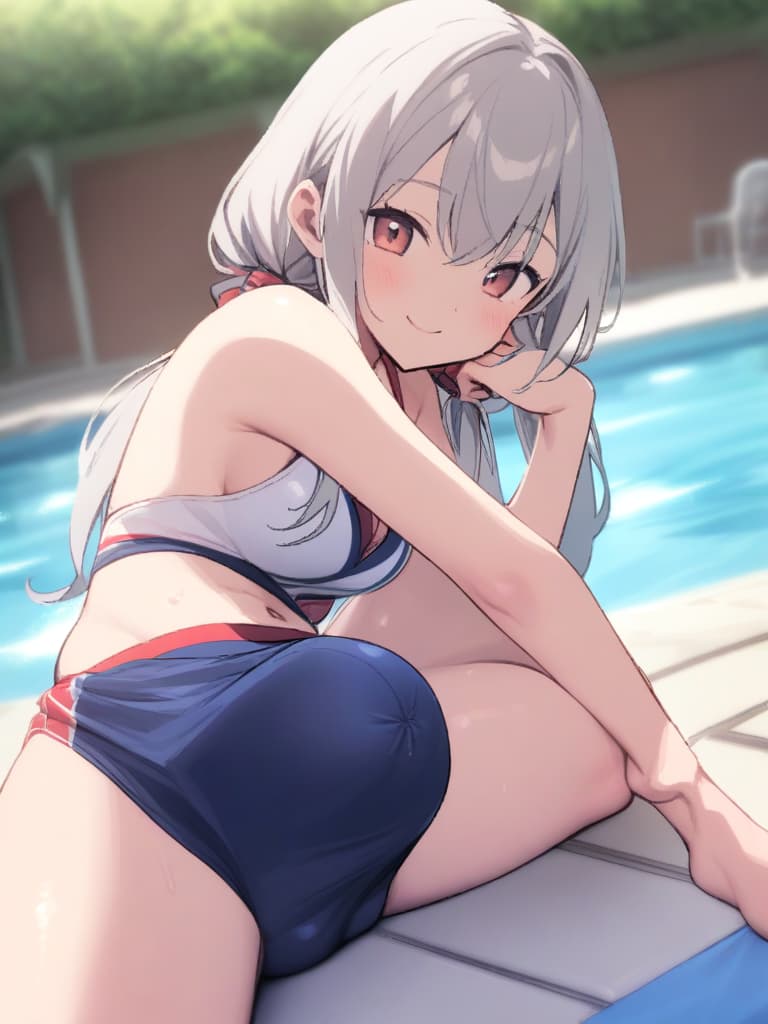  junior high s, twin tails, cute smiles, swimwear, swimwear, old swimwear, s with , (clear , bulge, phimosis), flirt, whole body, pool side,