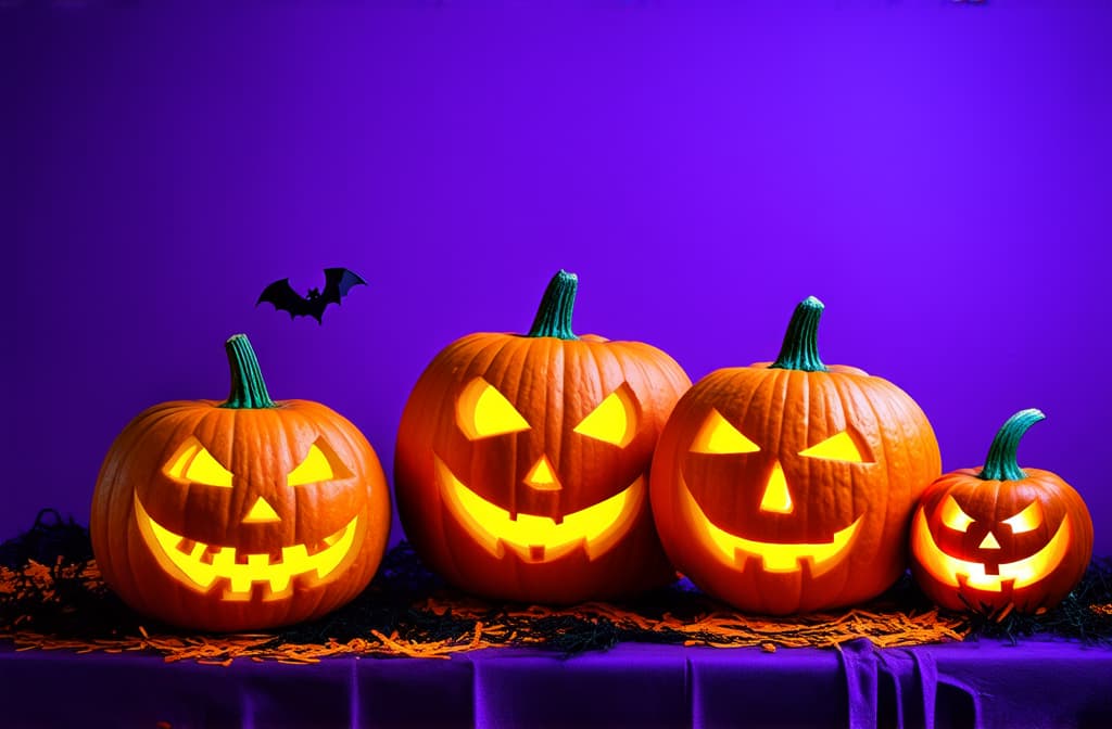  professional detailed photography, carved pumpkins and bats on a vibrant purple backdrop for halloween fun! ar 3:2, (muted colors, dim colors, soothing tones), (vsco:0.3)