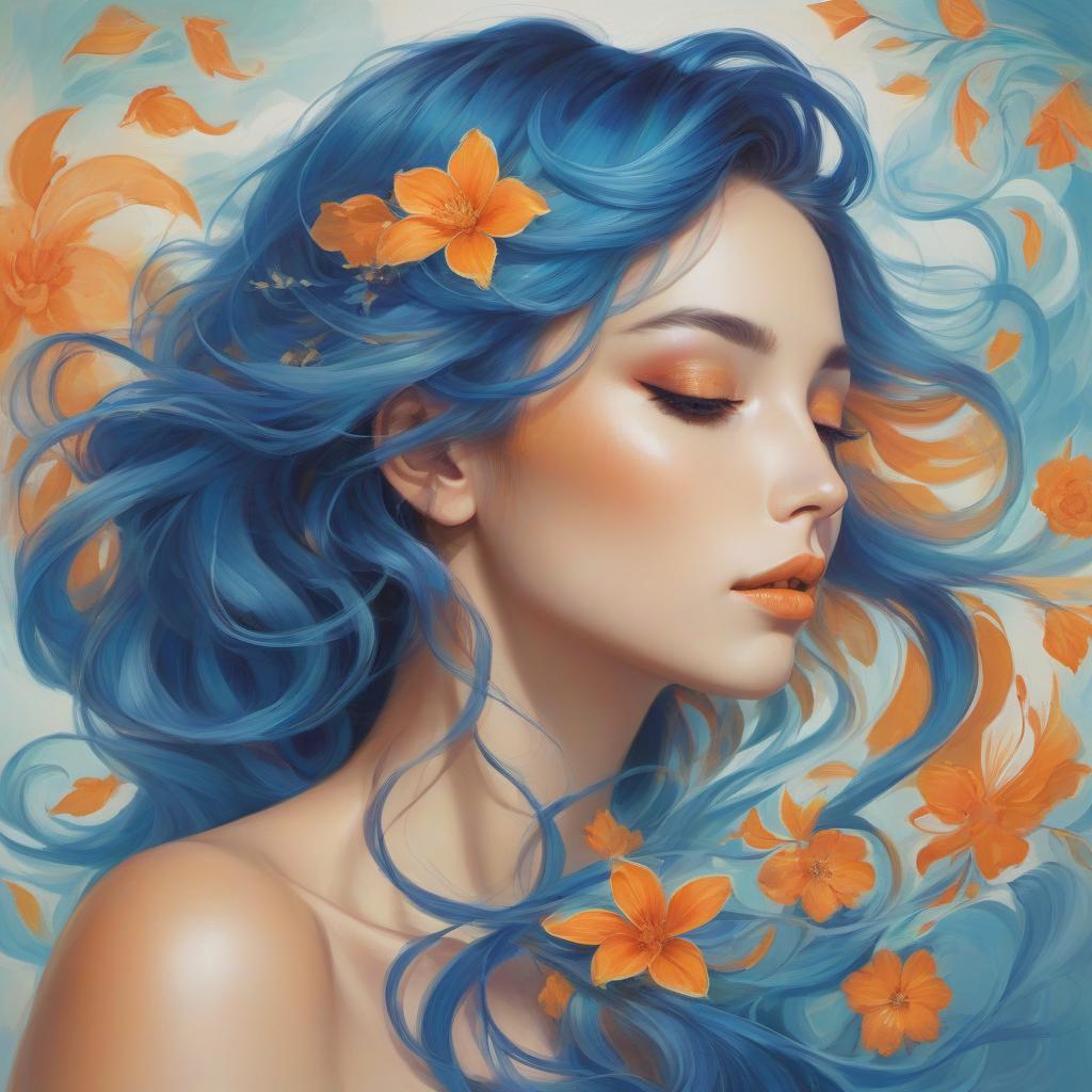  a vibrant artwork of a woman with flower adorned, flowing hair, showcasing rich blues and oranges against a serene backdrop. a stylized portrait of a young woman in profile, featuring flowing, colorful hair intertwined with vibrant flowers and swirling patterns. the color palette includes shades of blue, orange, and green, creating a harmonious blend. the background is soft and gradient, suggesting a serene atmosphere, reminiscent of a beach scene. the woman's expression is peaceful, highlighting her delicate features and bold eye makeup.