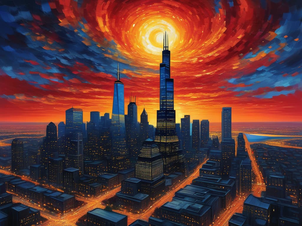  ethereal fantasy concept art of sears tower, crain's communications building, drone view, tilt shift, van gogh's starry night, colorful red orange swirls, cloud gate, hyper realistic, chicago skyline, mesmerizing, intricate details, flambient golden red sunrise, dramatic lighting, epic composition, wide angle, cinematic, masterpiece, 4k, raw photo, van gogh influence, studio lighting, impressionist, bold colors, starry sky, architectural elements, medium format lens, high angle, cityscape, city life, metropolitan, van gogh's brushstrokes, van gogh's shadows, van gogh's colors, van gogh's textures, nighttime, city scene, streets, night cityscape. magnificent, celestial, ethereal, painterly, epic, majestic, magical, fantasy art, cover art, dr