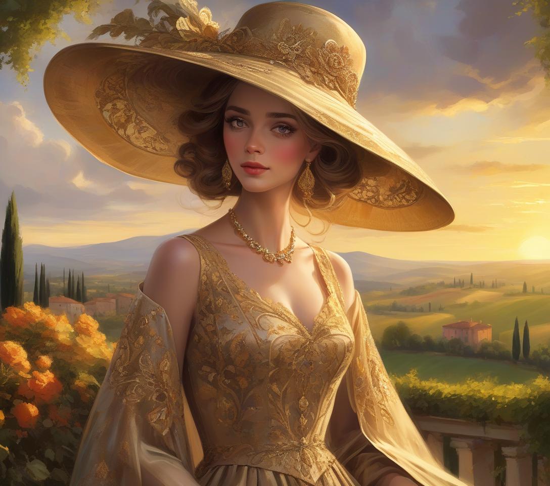  an elegant woman in a wide brimmed hat and ornate dress stands before a golden tuscan landscape at sunset majestic italian noblewoman, detailed eyes, proud countenance, flowing dark hat, captivating gaze, ornate clothing, elaborate accessories, billowing scarves, theatrical presence, twilight in tuscany, undulating landscapes, iconic cypress groves, rich golden sunrays, luxurious textures, fine details, vibrant colors, italian elegance, skilled brushwork, enchanting atmosphere, high resolution digital painting.