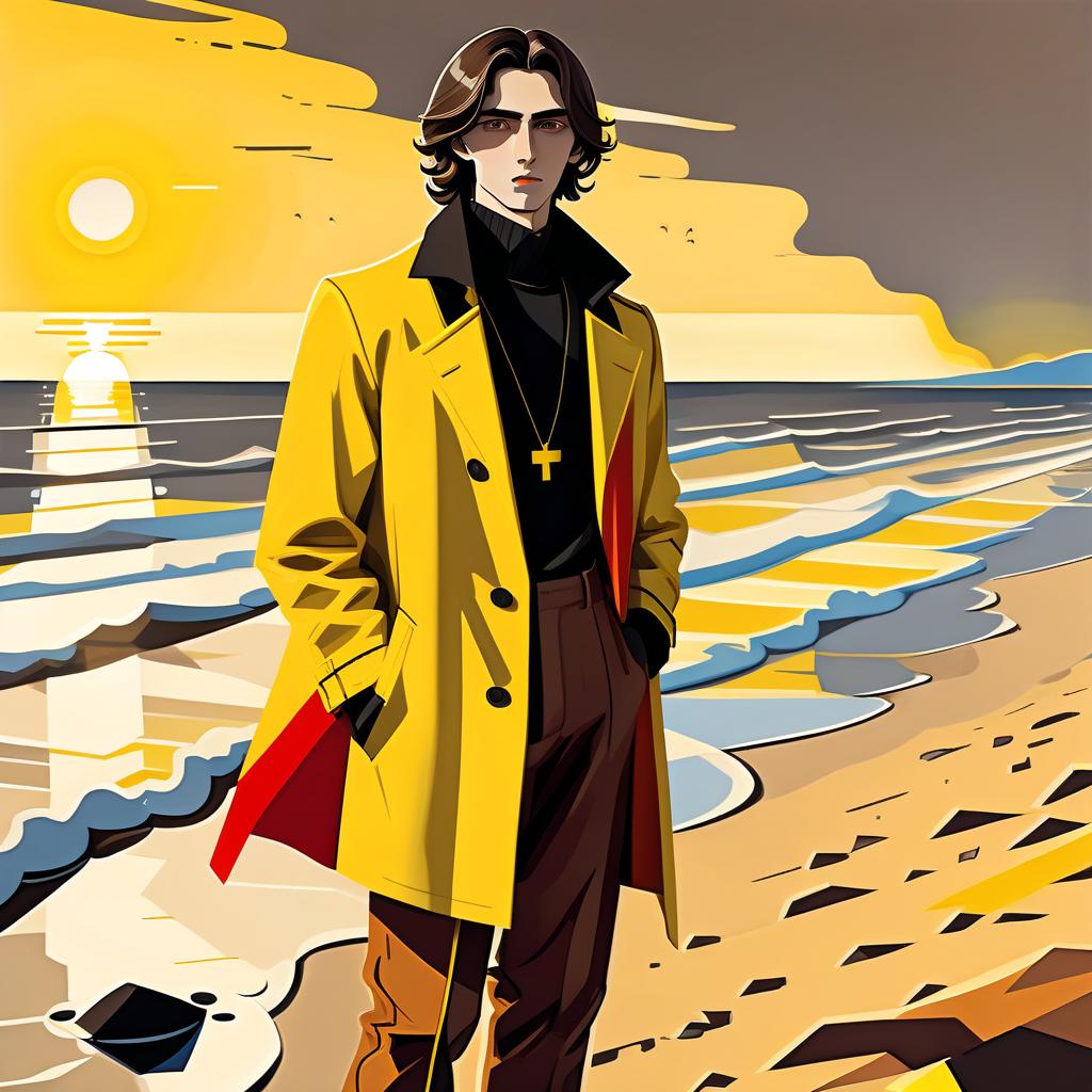  constructivist style a young man stands on the beach. he has long dark brown hair that gently falls on his shoulders, and his face, with jewish and slavic features, exudes calmness with brown eyes. he is dressed in a bright yellow coat that immediately attracts attention and contrasts with the surrounding landscape. under the coat is a black shirt, and black pants are additionally decorated with yellow elements, creating a harmonious and stylish image. the sun sets over the horizon, shrouding everything around in red shades, and bright red stripes lie on the surroundings contrasting with the darkness and creating a magical atmosphere. . geometric shapes, bold colors, dynamic composition, propaganda art style