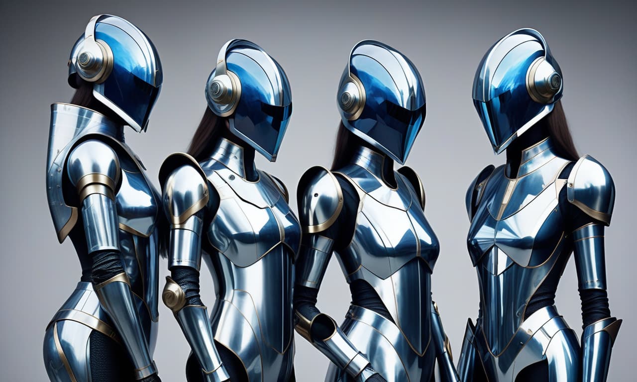  countless legions of identical faceless androgynous droids. all dressed in identical jumpsuits with high tech but stylized medieval mirrorscale armor and sleek high tech full face helmets with mirrored visors,