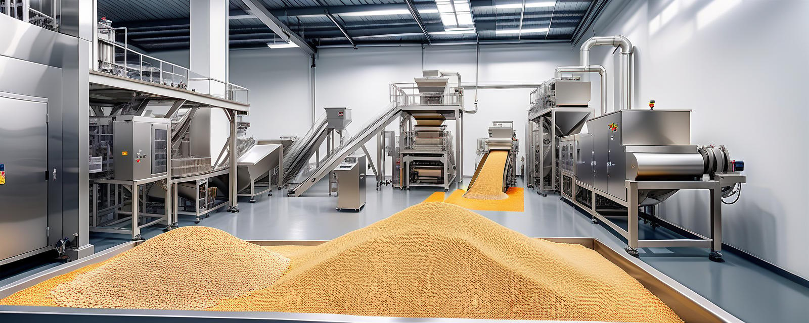  hdr photo of production line at the plant for the production of dry food for cats and dogs. white walls new equipment . high dynamic range, vivid, rich details, clear shadows and highlights, realistic, intense, enhanced contrast, highly detailed, perfect hands