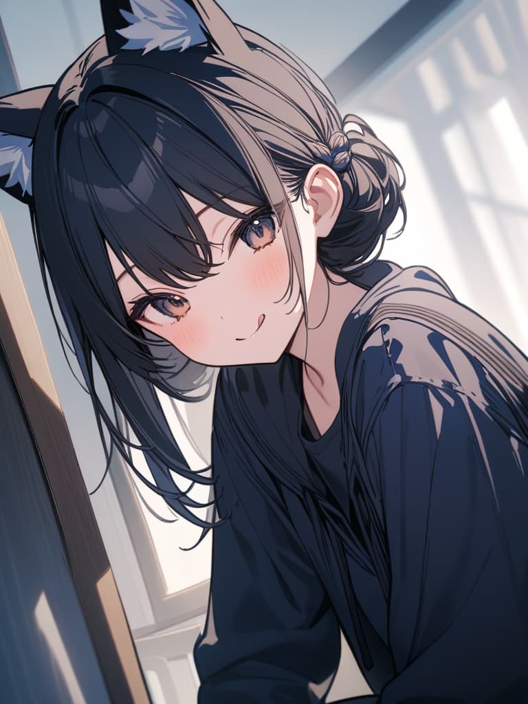  fox ears, smiles, hair tip blue, black hair, tongue pero, cute, virtual, short hair, braided ears, masterpiece, best quality,8k,ultra detailed,high resolution,an extremely delicate and beautiful,hyper detail