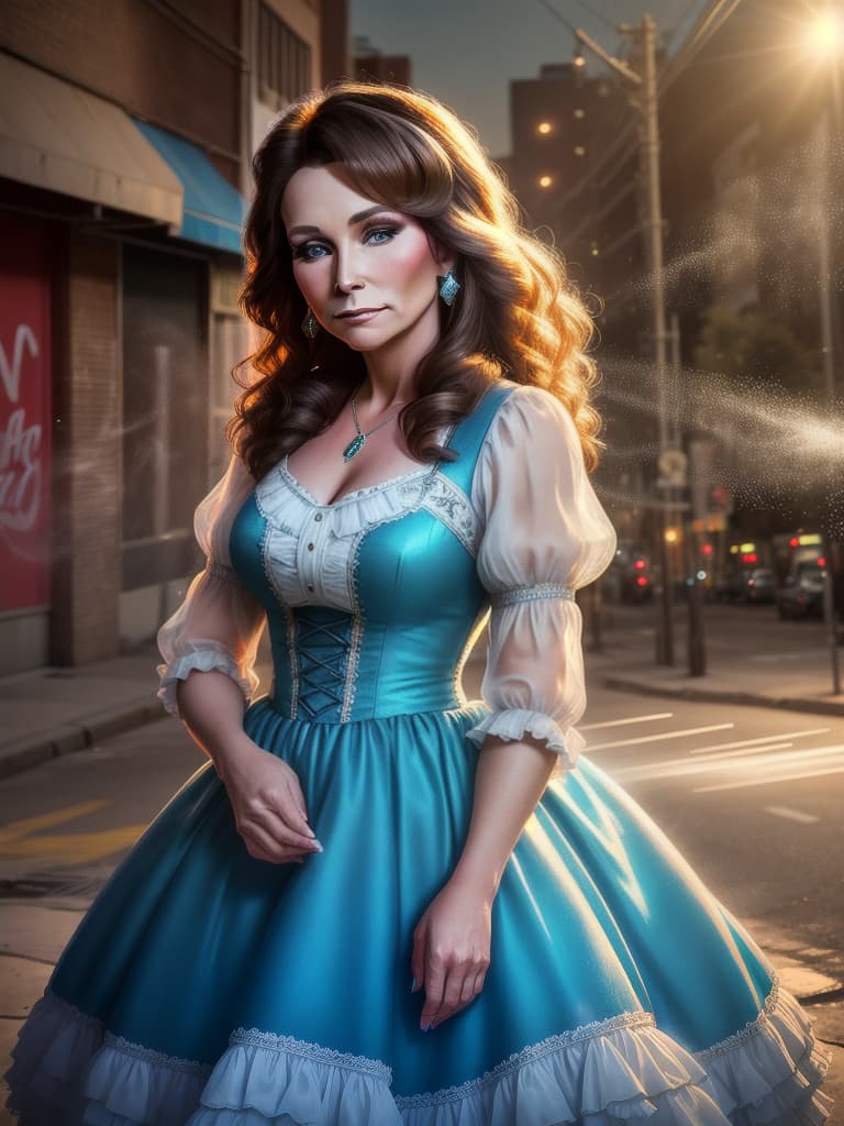  The young country singer Loretta Lynn, medium shot, upper body, spotlight, long exposure lighting, street art style spray paint, glamour lighting