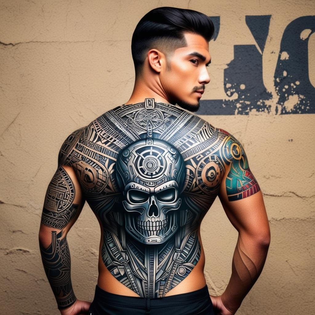  terminator mix with mayan culture,(tattoo), (tattoo design on the back of human body)