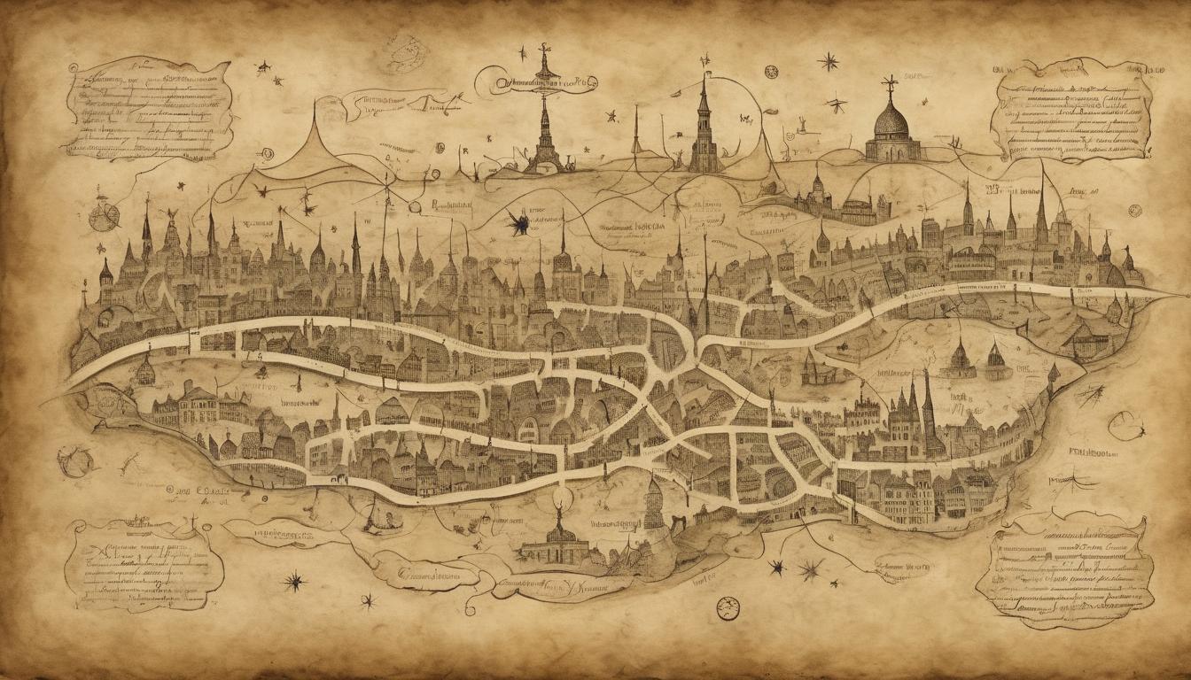  on parchment, surrealism++, map of interconnected cities, illuminated paths connecting them, stars twinkling over each city, interconnectedness, journey, expansion(mysterious, provocative, symbolic)++