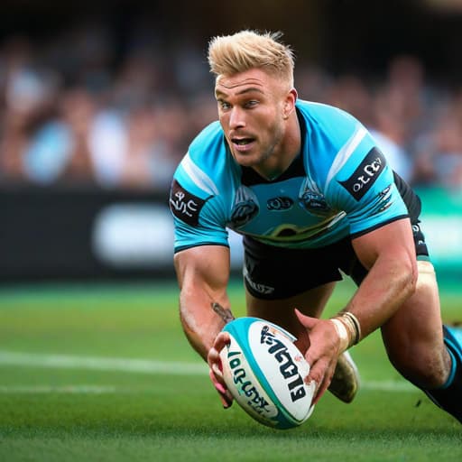  An ultra high resolution side-on view photograph of a blonde Cronulla Sharks NRL league player with realistic face, realistic eyes, realistic skin, best quality, with a rugby ball in his hands diving to the ground to score a try, during a rugby league match. hyperrealistic, full body, detailed clothing, highly detailed, cinematic lighting, stunningly beautiful, intricate, sharp focus, f/1. 8, 85mm, (centered image composition), (professionally color graded), ((bright soft diffused light)), volumetric fog, trending on instagram, trending on tumblr, HDR 4K, 8K