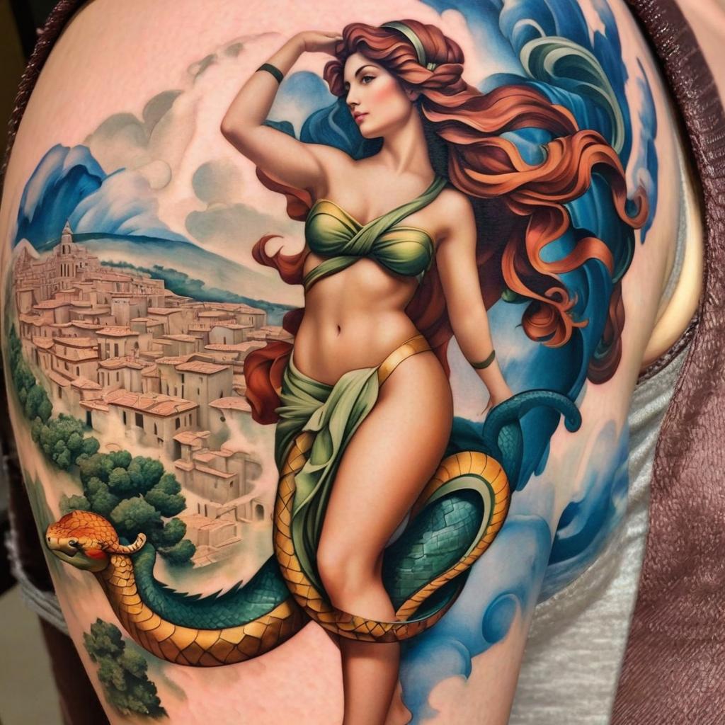  serpent woman tattoo based on michelangelo’s adam and eve sistine chapel