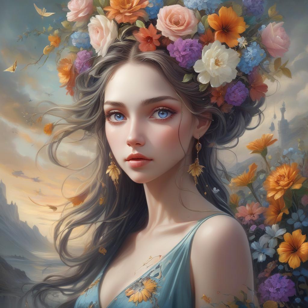  surrealist art q, 7, ♥, e, there is a woman with flowers in her hair and a dress, beautiful gorgeous digital art, beautiful fantasy art portrait, beautiful digital art, beautiful digital artwork, very beautiful digital art, beautiful fantasy portrait, beautiful feminine face, beautiful art uhd 8 k, gorgeous digital art, beautiful digital painting, beautiful fantasy maiden, karol bak uhd, beautiful art, beautiful painting, by ank . dreamlike, mysterious, provocative, symbolic, intricate, detailed