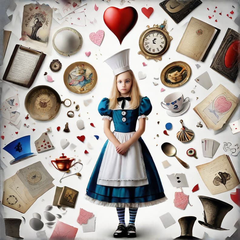  generate an image of modern day alice in wonderland surrounded by chaos and magic potential