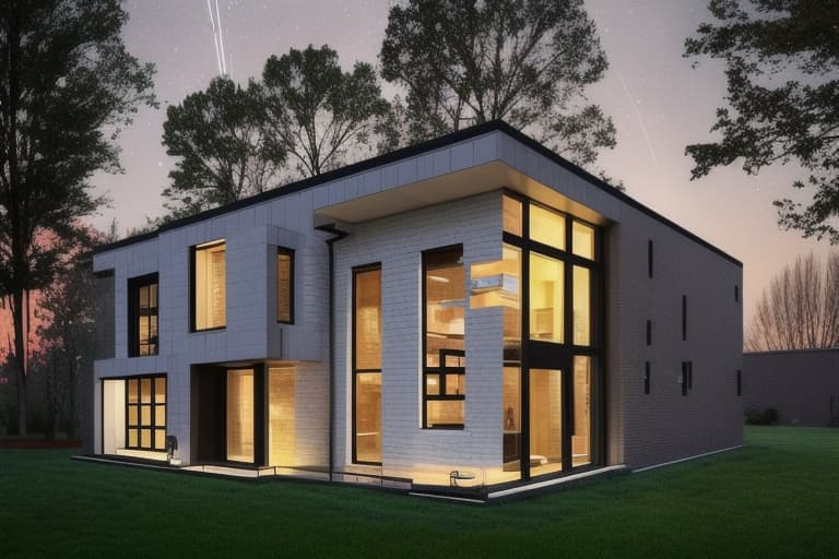  A modern day brick house using a tiny nuclear reactor powering from the basement, the power is wirelessly beamed up to outerspace to satellites.