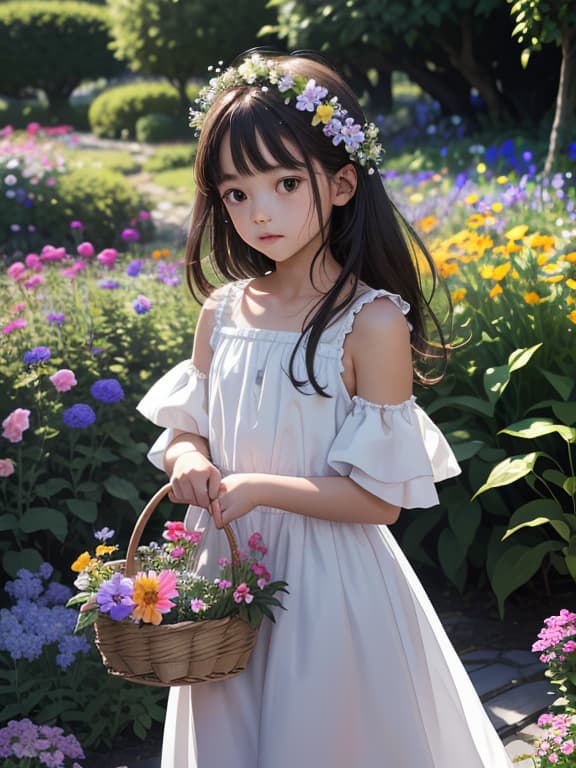  master piece, best quality, ultra detailed, highres, 4k.8k, young ., exploring a flower garden, picking flowers, and looking curiously at a erfly., curious and innocent., break exploration of innocence and uality., flower garden., flowers, erflies, a small basket., break bright and serene., soft lighting, emphasizing the pure and tender beauty.,