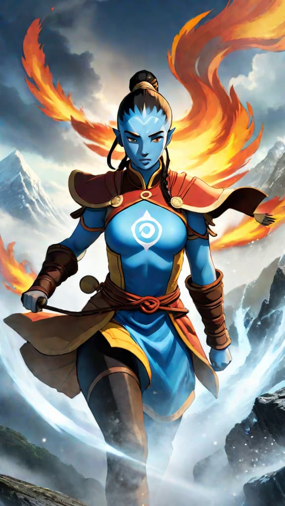  anime art: an avatar mastering fire, water, earth, and air, safeguarding the world's equilibrium in 'avatar: the last airbender.' hyperrealistic, full body, detailed clothing, highly detailed, cinematic lighting, stunningly beautiful, intricate, sharp focus, f/1. 8, 85mm, (centered image composition), (professionally color graded), ((bright soft diffused light)), volumetric fog, trending on instagram, trending on tumblr, HDR 4K, 8K