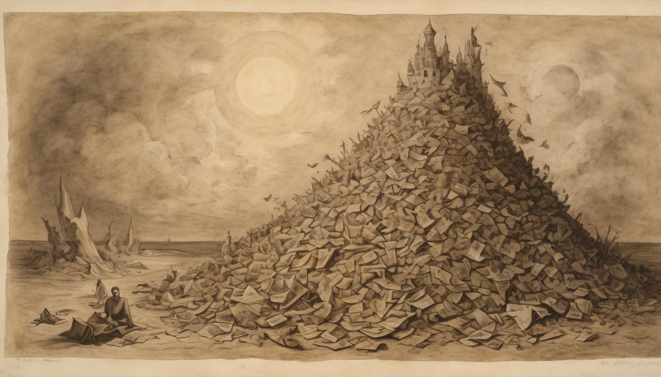  on parchment, surrealism++, a figure standing amidst a pile of discarded skins, looking upwards to a bright light, layers of old selves, transformation, hopeful(mysterious, provocative, symbolic)++