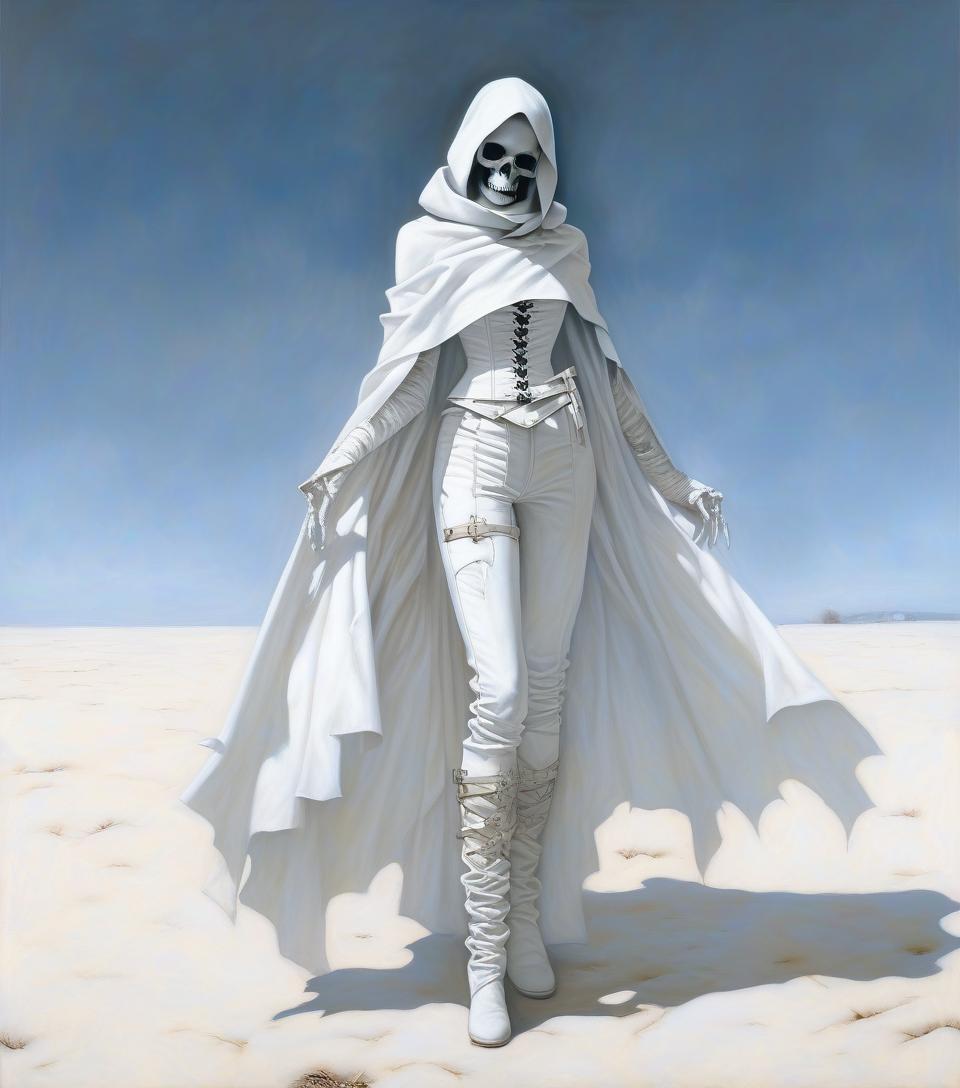  macabre style fantasy. a skinny girl without glasses with a beautiful face, in a white scarf on her face, in a leather white openwork corset, in leather pants, with a wide white garter in the form of a white belt and a buckle in the middle of her right thigh, in white wrists, in white gloves, in a leaky openwork cloak. . dark, gothic, grim, haunting, highly detailed, hkmagic, oil painting