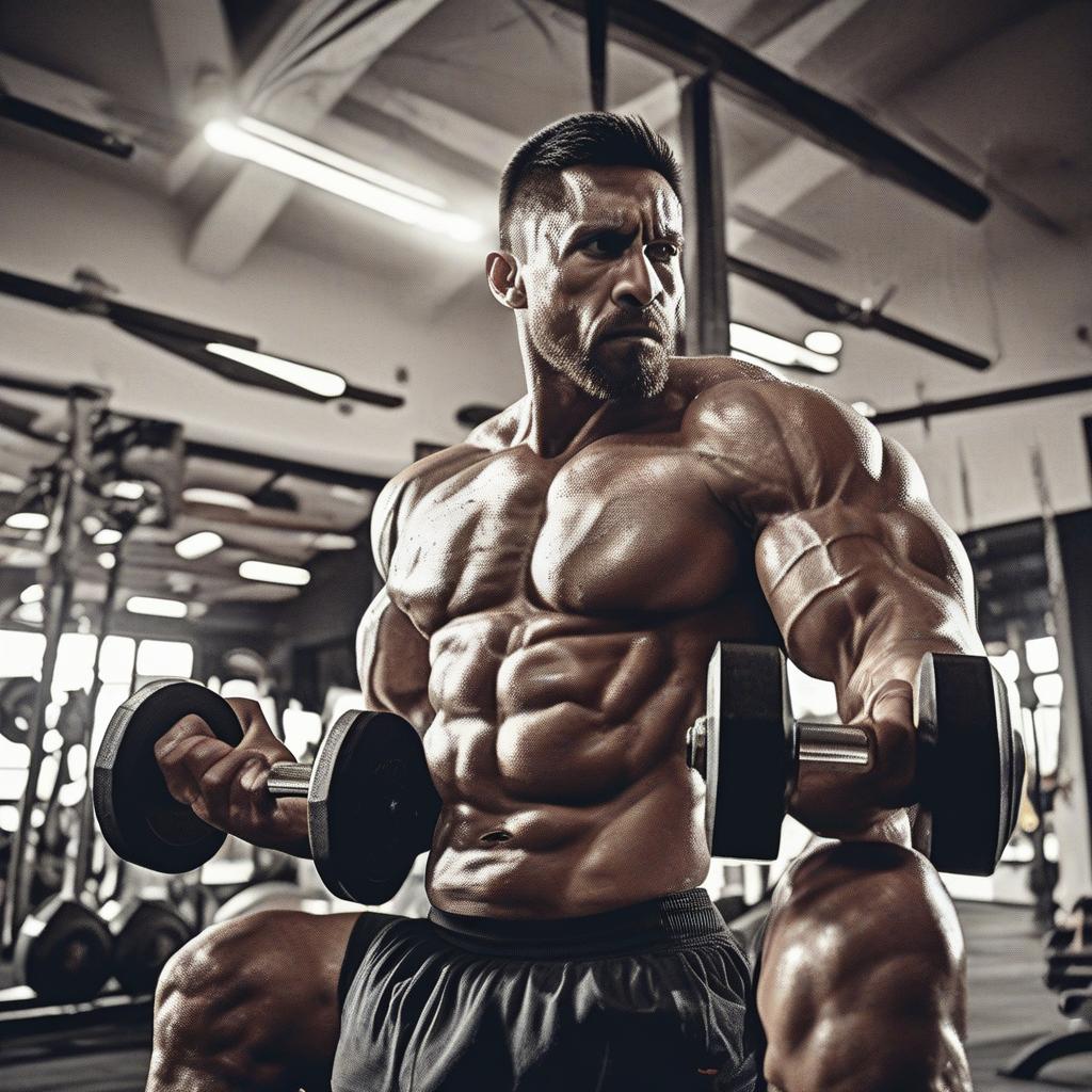  masterpiece, best quality, A muscular man with a striking resemblance to Messi, struggling to lift a 100 kg dumbbell in a dimly lit gym, sweat dripping down his face, determination in his eyes. The gym equipment is scattered around, emphasizing the intensity of the workout. Photography. Dramatic lighting to highlight the man's struggle and determination. Shot with a DSLR camera using high ISO settings to capture the low light conditions.