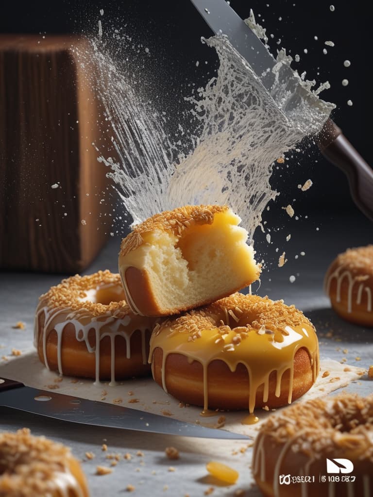  the image displays a scene where a yellow, crumbling pastry, possibly a cake or a doughnut, is being sliced with a knife. the pastry is placed on a table, and the knife is sticking out from the middle of it. the doughnut seems to be falling apart as it is being cut. in addition to the main pastry, there are three other donuts placed around the table. one donut is positioned in the lower left, another in the upper right, and the third one can be found in the upper left corner of the table. photo realistic, highly intricate and detailed, masterpiece, ultra high res,photography,8k resolution