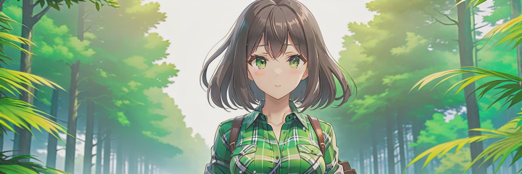  anime artwork cute skinny anime girl with dark hair and light eyes on an empty white background gray eyes dark hair and a green plaid shirt . anime style, key visual, vibrant, studio anime, highly detailed hyperrealistic, full body, detailed clothing, highly detailed, cinematic lighting, stunningly beautiful, intricate, sharp focus, f/1. 8, 85mm, (centered image composition), (professionally color graded), ((bright soft diffused light)), volumetric fog, trending on instagram, trending on tumblr, HDR 4K, 8K