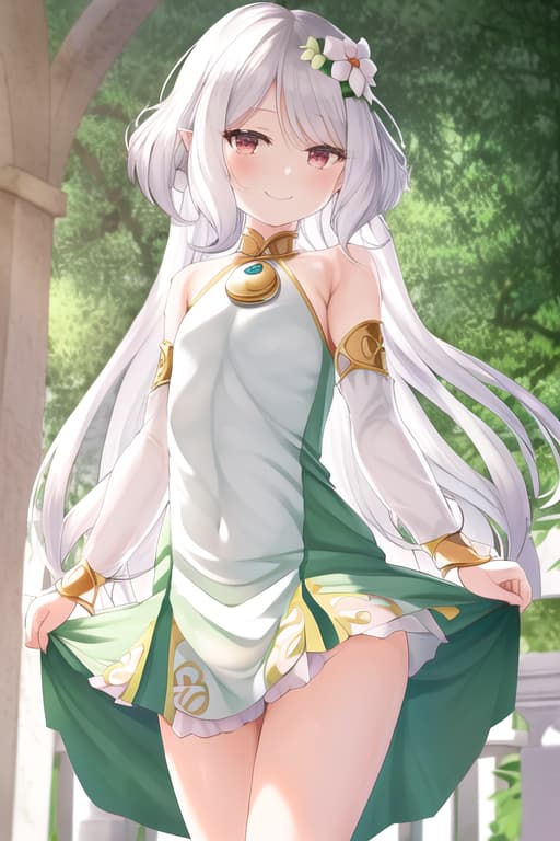  smooth legs,long white hair,wearing a sundress with nothing underneath,smiling,(kokkoro:1.3), (masterpiece), (highest quality), (intricate), (high detail),women, masterpiece, best quality, high quality, solo