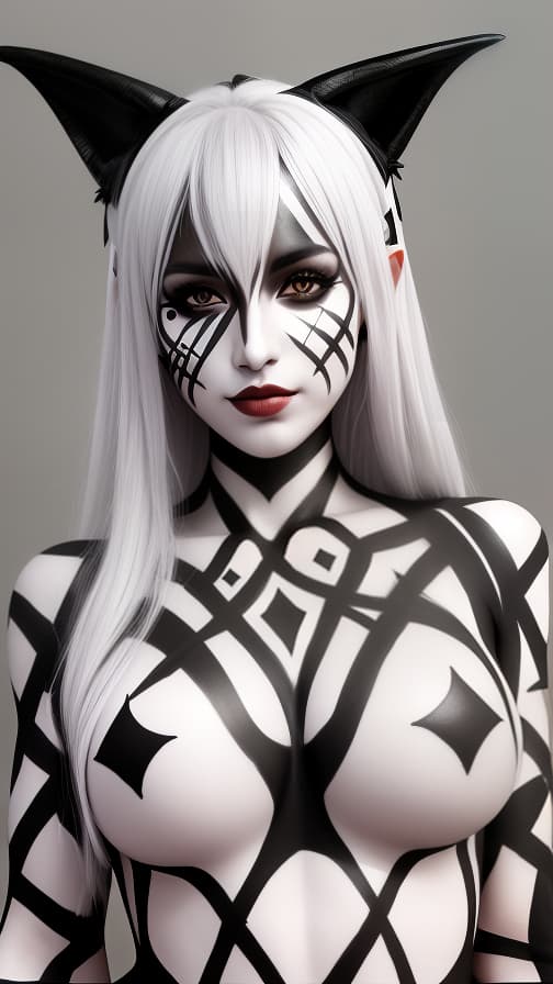  Chessboard check body paint in every corner of the body, Silver body paint all over the body,White face paint on the face, Dark elf 女性