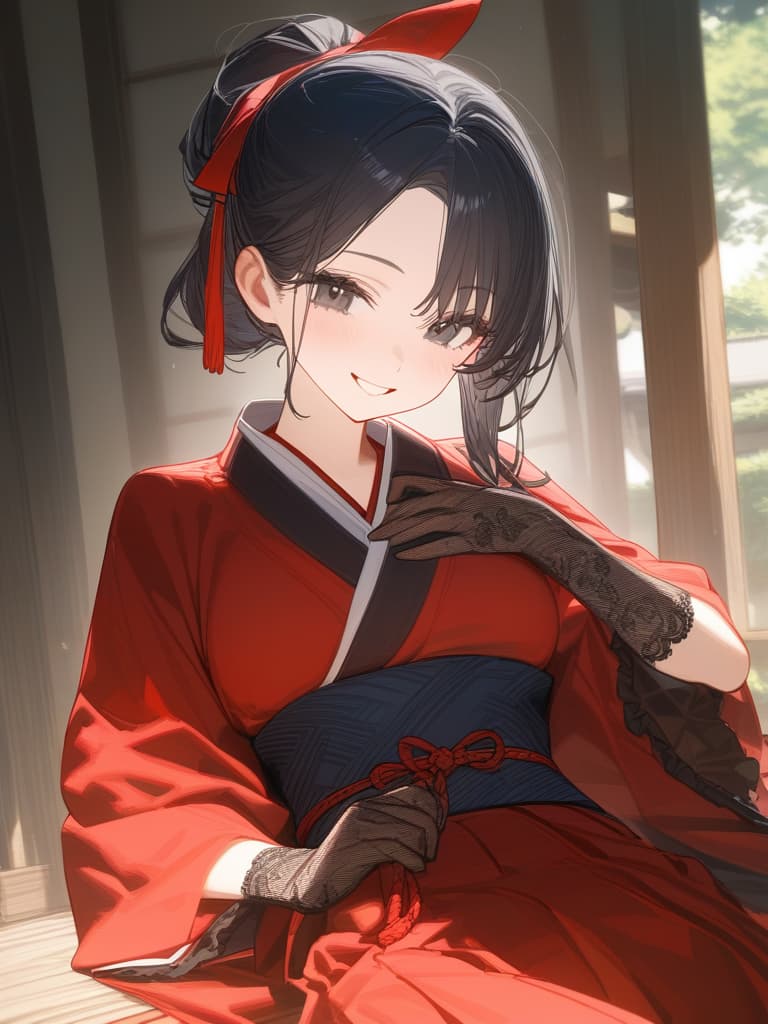  girl, cute face, frill lace, solo, hair ribbon, meiji era, kimono, hakama, black hair, black lace gloves, red kimonos, young face, smile, smile, black eyes, masterpiece, best quality,8k,ultra detailed,high resolution,an extremely delicate and beautiful,hyper detail