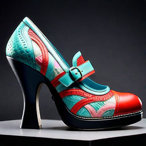  Create a photorealistic digital illustration of a unique design women’s shoe with balanced parts, unique soles, 8 centimetre height heel with rubber sole and covered in soft, luxurious textured materials. The art style should blend elements of Irregular Choice, Balenciaga and Osamu Tezuka hyperrealistic, full body, detailed clothing, highly detailed, cinematic lighting, stunningly beautiful, intricate, sharp focus, f/1. 8, 85mm, (centered image composition), (professionally color graded), ((bright soft diffused light)), volumetric fog, trending on instagram, trending on tumblr, HDR 4K, 8K