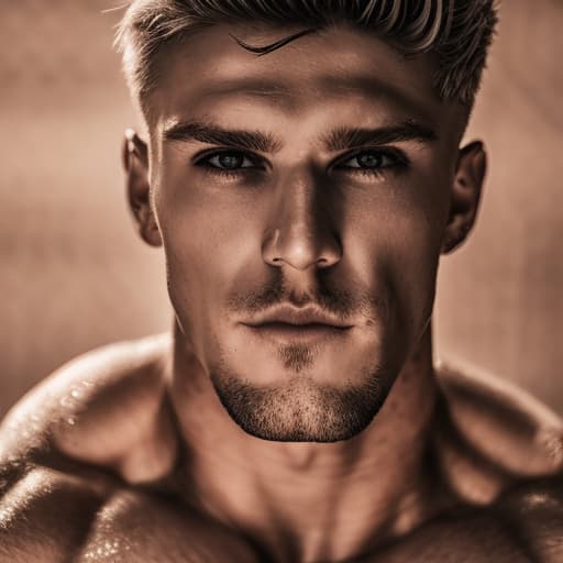 portrait+ style Russian LGBT queer fitness trainer blonde hunk dude face