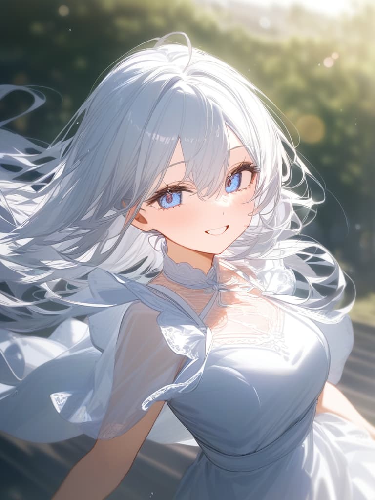  blue sky, white hair, ribbon, beautiful eyes, white dress, smile, masterpiece, best quality,8k,ultra detailed,high resolution,an extremely delicate and beautiful,hyper detail