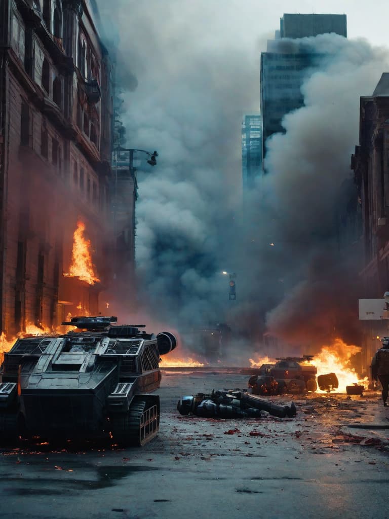  A photo of AI Robots attacking a city, burning buildings and a deluge of blood and bodies in the streets.