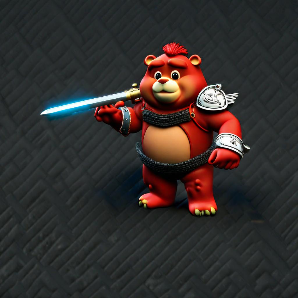  care bear , black fur, knight armour , flaming sword in hand