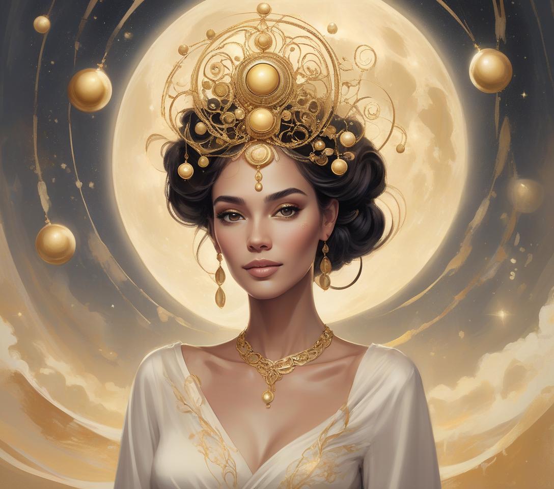  concept art an elegant woman adorned with a sophisticated headpiece featuring gold orbs and swirling beige accents against a lunar backdrop. photo mage, searching for non obvious connections happiness is realized only after it has already happened, happiness is always in the past. happiness can only be remembered! in the style of dan quintana . digital artwork, illustrative, painterly, matte painting, highly detailed