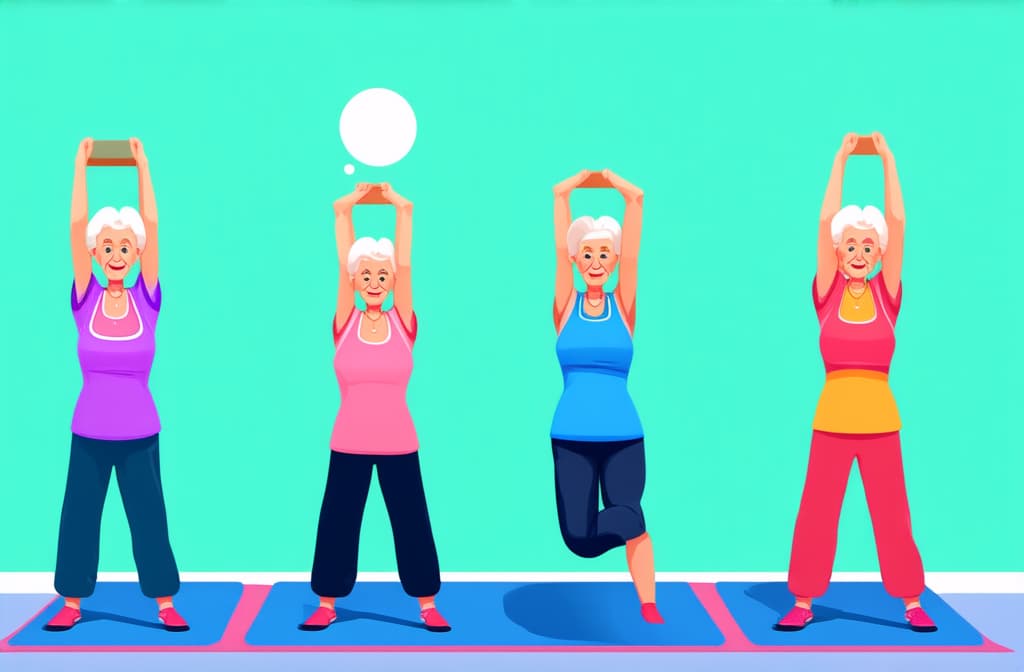  elderly people cartoon characters doing sports, practicing yoga, enjoying aerobics and gymnastics. flat illustration ar 3:2 {prompt}, maximum details