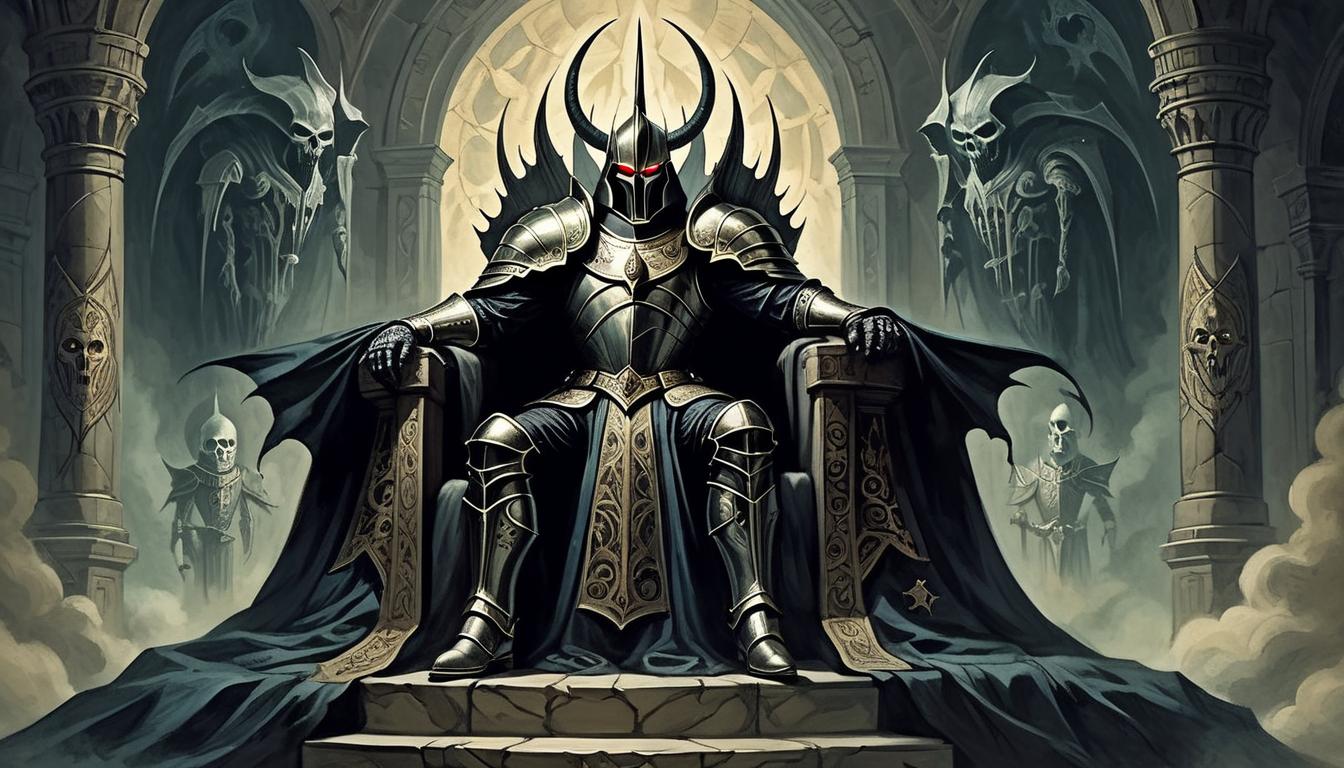  on parchment, surrealism+++, a sinister yet majestic figure, adorned in opulent armor, glowing eyes, standing upon a darkened throne, surrounded by ghostly apparitions, symbolizing the immaculate villain, dominance, mystery(mysterious, provocative, symbolic,muted color)+++