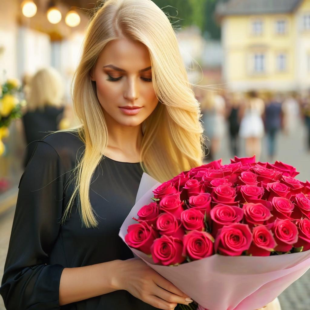  (very long fair hair), blondy hair, dressed in (closed yellow women's top) ; maximum detail, maximum quality, specular view, shallow depth of field, smooth, cinematic film still, (bright light morning background ), bouquet of roses in hands, ((don't change face))